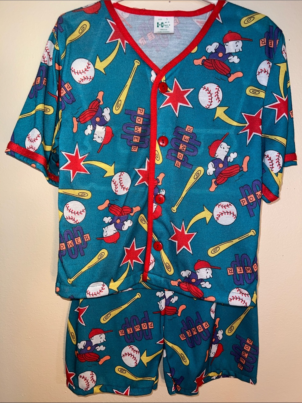 Vintage Kids' Teal Baseball Print Pajama Set with Red Trim